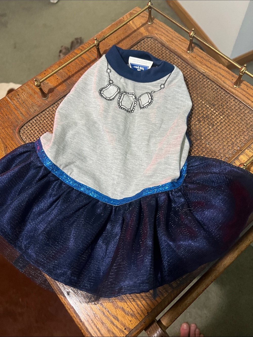 Top Paw Navy Blue Tulle Skirt & Gray Necklace Print Dog Dress
